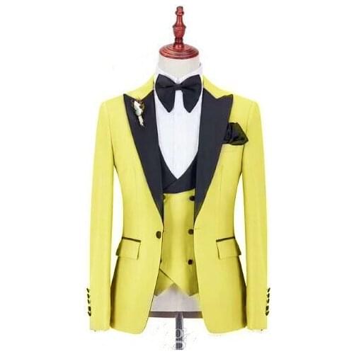 2021 Fashion Classic Yellow Wedding Suits For Men Suit Slim Fit 3 piece Prom Groom Suits Peaked Lapel Tuxedos Best Man Blazers