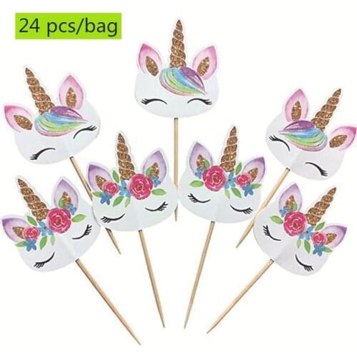 24 Pcs Cartoon Unicorn Baked Inserts Tag Birthday Cake Fruit Dessert Toothpick Birthday Party Wedding Cake Flag Decor Supplies