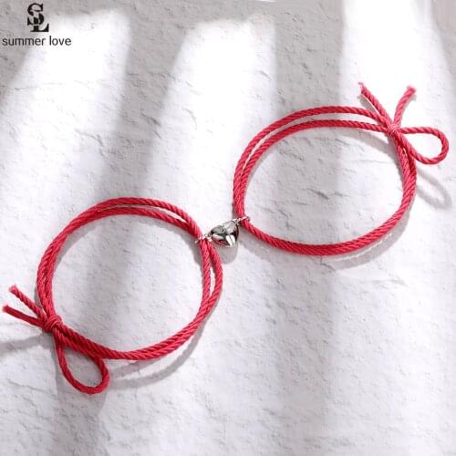2pcs Magnetic Love Heart Pendant Charm Couple Bracelets Long Distance Elastic Braid Rope Bracelet for Lover Friendship Jewelry