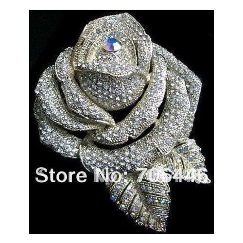 3" Zinc Alloy Clear Rhinestone Crystal Large Rose Bridal/Wedding Brooch pin