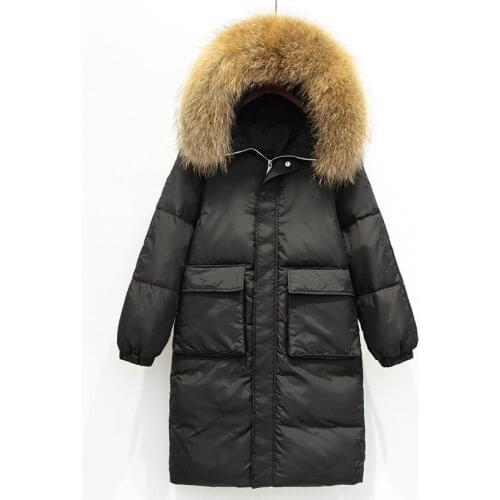 AYUNSU Winter Long Down Jacket Woman Hooded Large Racoon Fur Collar Black Yellow Coat Parkas Womens Jackets Abrigos Mujer KJ464