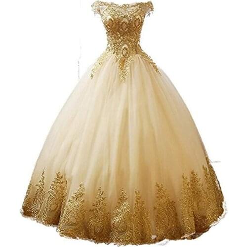 2020 Real Image Gold Lace Applique Quinceanera Dresses Prom Bateau Ball Gown Sweet 16 Formal Occasion Prom Evening Dresses