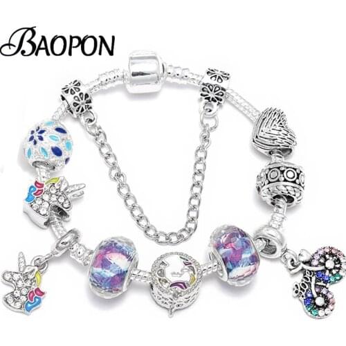 BAOPON Unicorn & Bicycle Pendant Beads Charm Bracelets Silve Color Sneke Chain DIY Fit Brand Original Bracelet For Women Pulsera