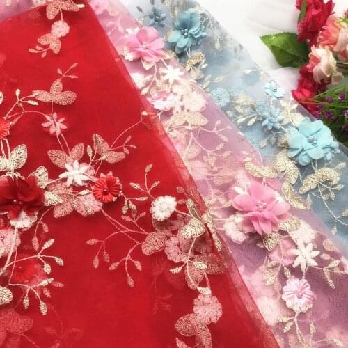 GLace 3M/lot 3D chiffon flower nail bead embroidery lace mesh fabric girl dress cloth accessories DIY Craft TX1243