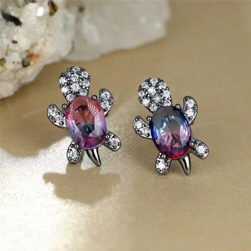 Dainty Small Turtle Stud Earrings Blue Purple Oval Zircon Rainbow Crystal Earrings Vintage Black Gold Animal Earrings For Women