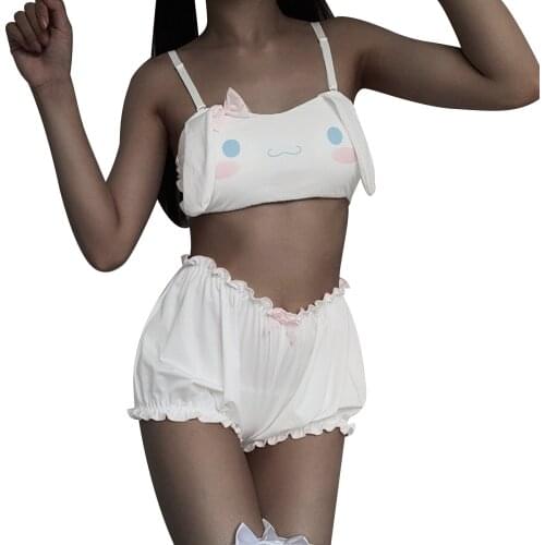 2Pcs Womens Suit Kawaii Pajamas Casual Summer Adults Cute Spaghetti Strap Dog Bunny Crop Tops Shorts