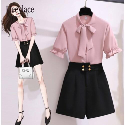Women 2 pieces shorts sets summer Sweet Korean bow collar tops and shorts 2 pieces sets women clothing two pieces outfits 2021