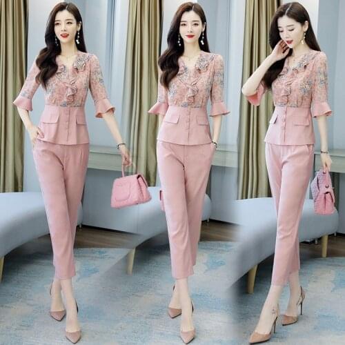 Suit 9-point pants womens 2021 summer new light mature temperament goddess fan floral splicing chiffon shirt two piece thin set