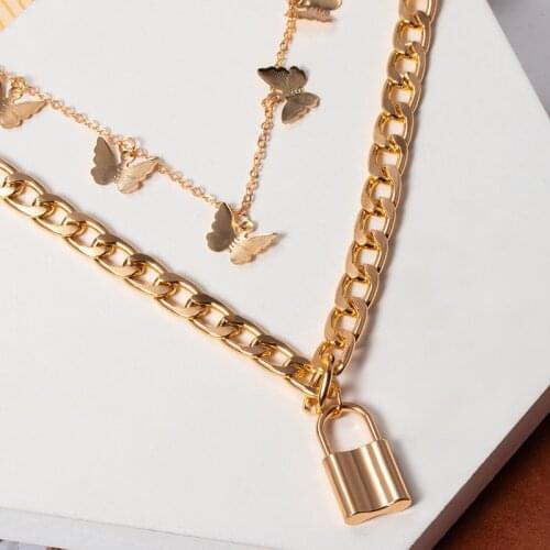 Layered Chain Necklace Neck Chains Lock Pendant Necklaces For Women Punk Choker Unusual Padlock Goth Jewelry Grunge Accessories