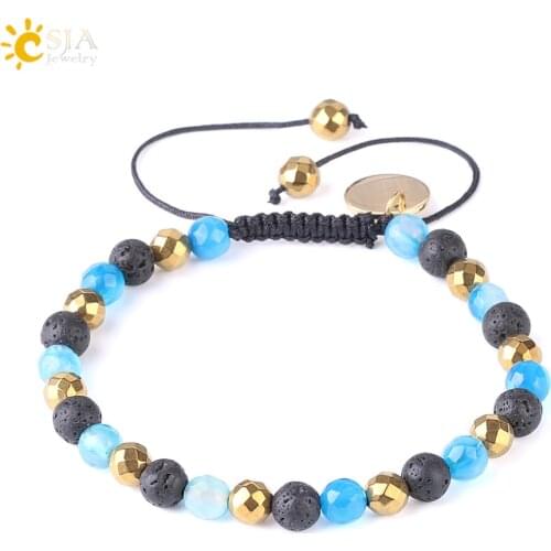 CSJA Natural Lava Stone Men Bracelet Volcanic Rock Mixed Onyx Beads Handcrafted Weave Rope Beaded Bracelets Size Adjustable F541