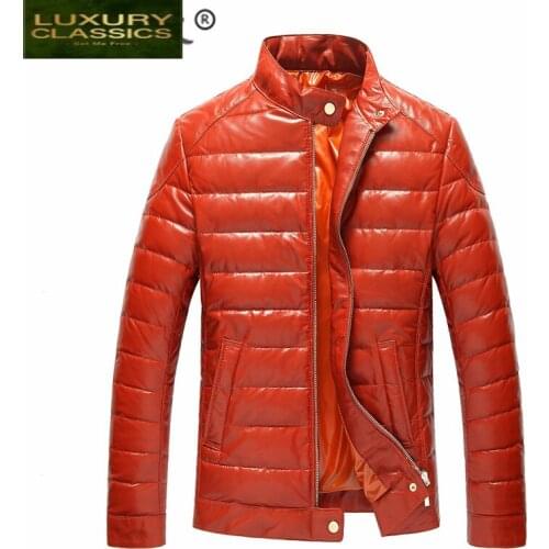 Leather 100% Real Cow Down Jacket Men Spring Winter Streetwear Moto Biker Genuine Leather Duck Down Coat Mens Jacket 8861