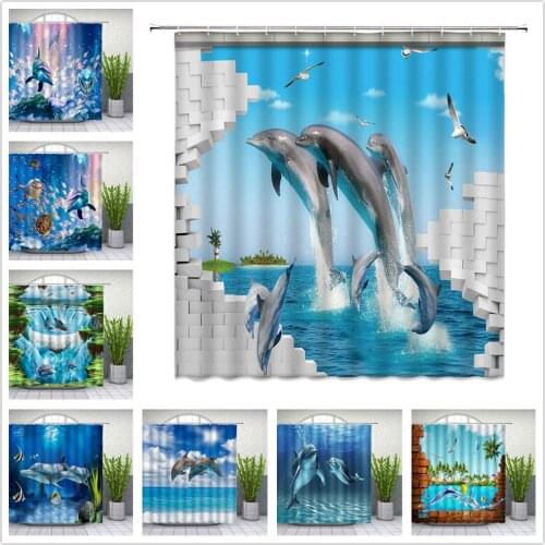 Dolphin Shower Curtains Set Cute Ocean Animal Shark Ocean Scenery Bathroom Decor Waterproof Polyester Cloth Curtain With Hooks