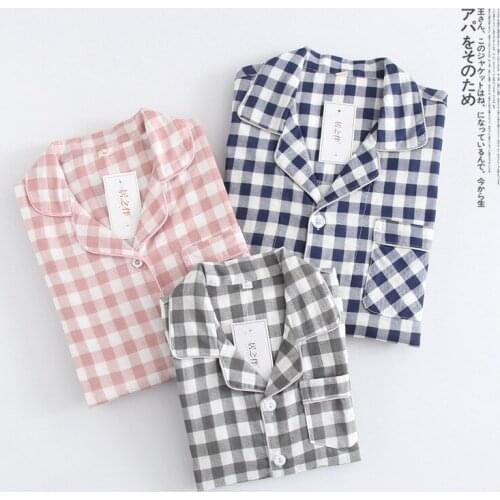 New Fresh Pink Plaid Pajamas Set Women 100% Gauze Cotton Long Sleeve Japanese Casual Cartoon Sleepwear Autumn Home Women Pyjamas