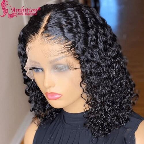 Ambition Black Curly Lace Fontal Wigs Preplucked Lace Hair Curly Bob Wigs for Women #1b Human Hair Closure Wigs Bleached Knots