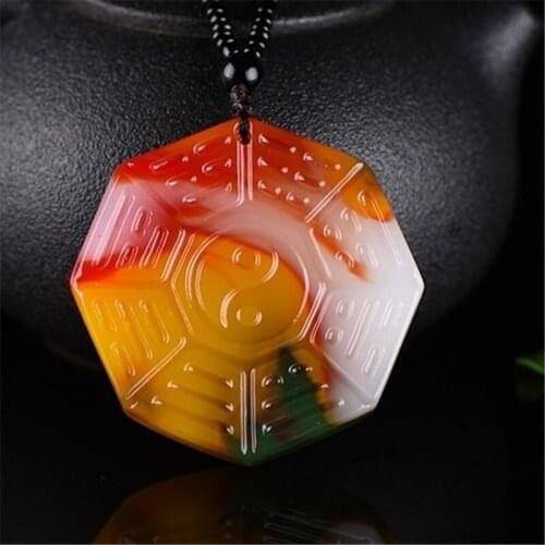 Natural Chicken Blood Hand Carved Taiji Bagua Jade Pendant Fashion Boutique Jewelry Colorful Bagua Necklace
