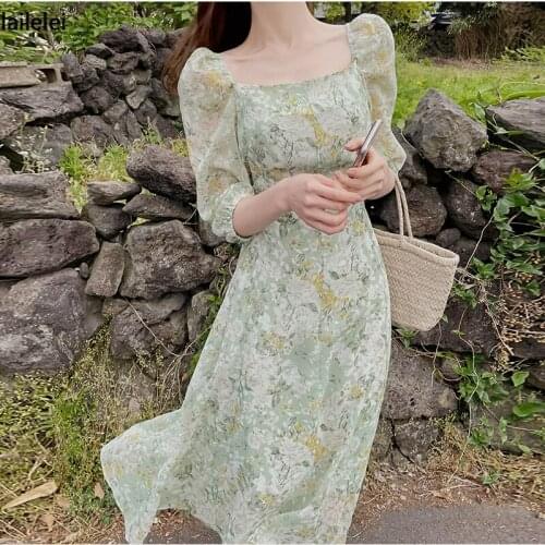 Floral Puff Sleeve Dress Chiffon A-Line 2021 Summer Maxi Dresses For Women Vetement Femme Korean Green Kobieta Sukienka Fashion