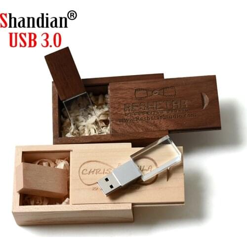 SHANDIAN Wedding Photography Custom logo Wooden Crystal Wooden USB 3.0 64GB 32GB 16GB 4GB Version memory flashs stick pen drive
