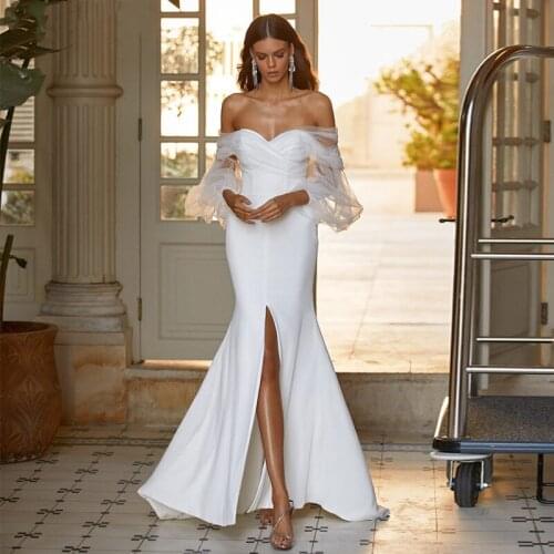 Modern Simple Mermaid Front Slit Wedding Dresses Off Shoulder Long Sleeves Wedding Gowns Sweetheart Bridal Dresses Open Back
