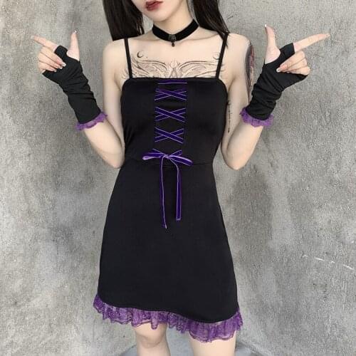 [You're My Secret] Harajuku Dark Black Mini Dress Sexy Lace Patchwork Bandage Dresses Separated Sleeves Spaghetti Straps Dress