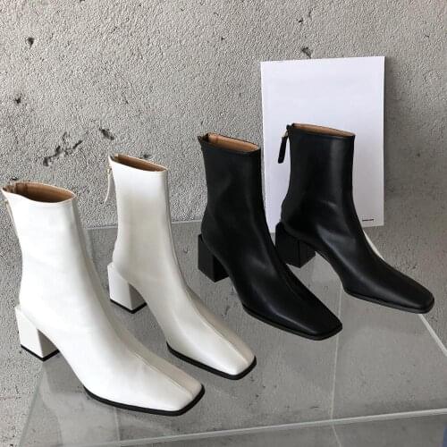 Elegant Women Ankle Boots Shoes Block High Heels Sock Boots Square Toe Chunky Heels Zipper Boots Lady Autumn Winter Party Shoes