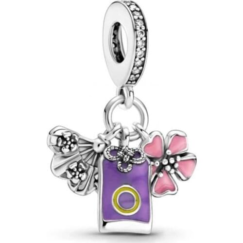 100% 925 Sterling Silver Jewelry cherry blossoms, amulet & Fan Dangle Charms Fit Bead Bracelets Pendant Necklaces DIY For Women