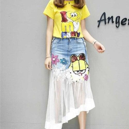 Womens Suit Sequins Cartoon Cat T Shirt And Mesh Gauze Denim Skirt Summer 2 Piece Set 2021 Matching Outfit Clothes