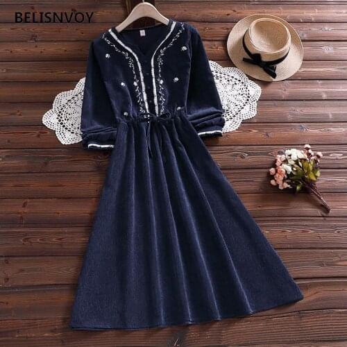 Autumn Winter Indie Folk Women Corduroy Dresses Casual Long Sleeve High Elastic Waist Embroidery Party Dress Female Vestidos