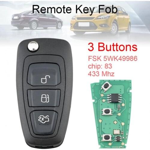 433MHz FSK 5WK49986 3 Buttons Flip Car Remote Key with ID83 Chip Fit for Ford C-Max S-Max Focus MK3 Grand Mondeo 2010-2018