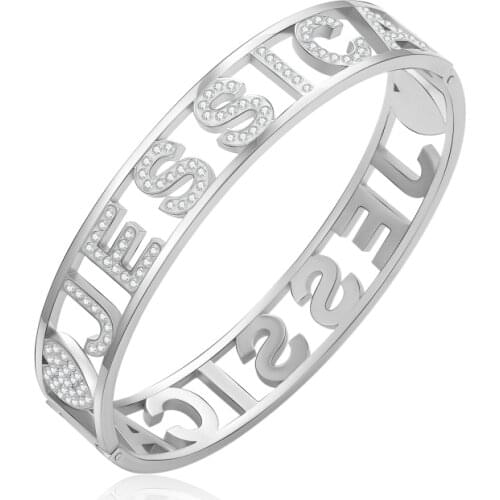 Hiphop Rock Titanium Stainless Steel Big Wide Bangles For Women JESSICA Name with Rhinestone Bracelet Bangle Jewelry Gift 2021