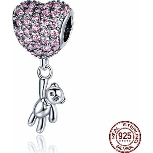 New S925 Sterling Silver Beads Pink Zircon Love Heart Bear Charms Fit Original Pandora Bracelets Women DIY Fashion Jewelry Gift