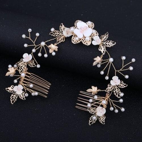 Korean handmade alloy leaves double-headed comb pink flowers hairband hair comb bride wedding headdress jewelry children