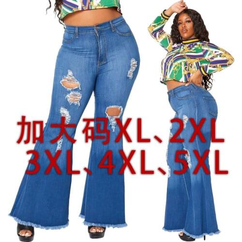 HSF2341 Fashion All-match Personality Ripped Stretch Large Size Fat MM Flared Pants Jeans