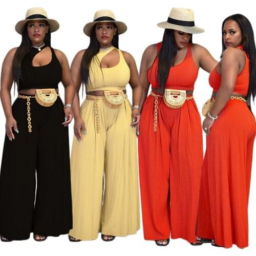 Echoine Summer Hollow Out Sleeveless Crop Top Wide Leg Pants Set Two Piece Set Tracksuit Ladies Party Clubwear Outfits Plus Size