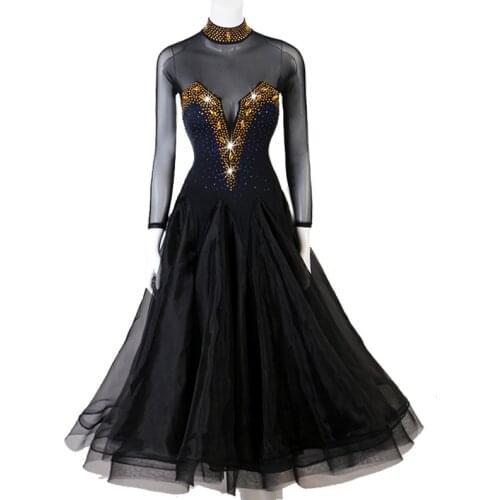 Ballroom dance Black Gold Modern Dance Match Serve Waltz Ballroom Dancing Will Pendulum Dress rhinestones turtle neck graceful