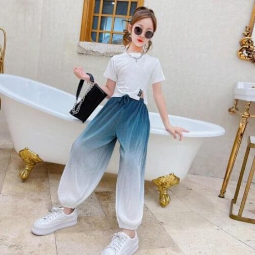 Baby Girl Summer Suit 2021 New Medium and Big Kids Korean Casual Short-sleeved T-shirt Gradient Color Bloomers 2-piece Set