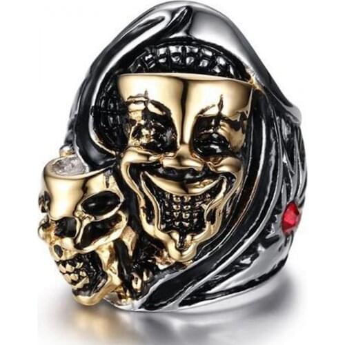 Mens Double Ghost Head Punk Vintage Jewelry Doom Clown Party Jewelry Gothic Motorcycle Ring for Men Birthday Anniversary Gift