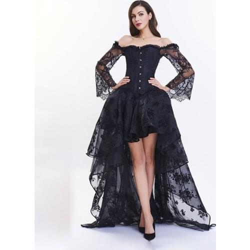 2021 New Women Lace Off-The-Shoulder Sexy Black Gothic Bustier Dress Set Steampunk Palace Styleparty Long Slim Club Clothing