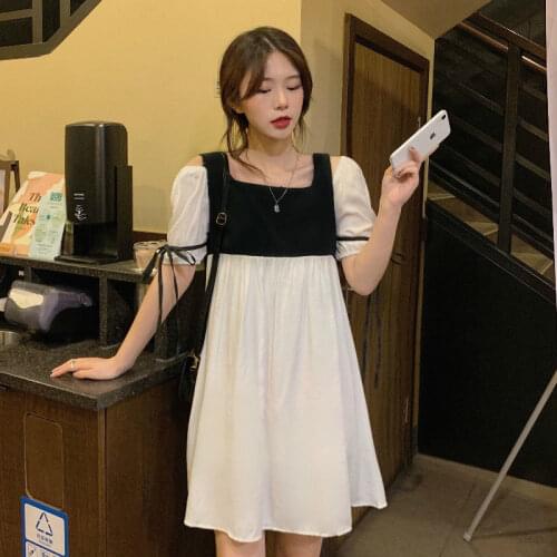 2021 Summer New Color Contrast Stitching Student Versatile Loose Sweet Off-shoulder Thin Teens Girl Dresses 16 17 18 Years Old