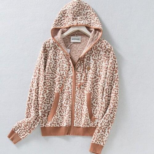 2021 Autumn Women Stylish Print Hooded Jacket Chic Zipper Pocket Knitted Sweater Casual Knitwear Loose Coat