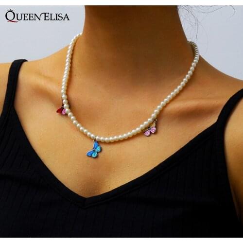 QUEEN ELISA Butterfly Pearl Choker Pendant Necklace for Women Simple Beaded Clavicle Chain Necklaces Weddings Jewelry 2021 New