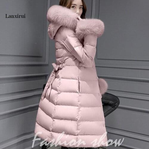 Winter Women Elegant Fur Collar Thick Warm Parkas Female Sashes White Duck Down Coats Lady Solid A-line Outerwears
