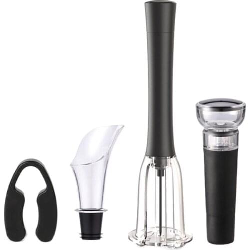 Red Wine Pneumatic Bottle Opener Wine Pourer Vacuum Wine Stopper and Paper Cutter Four Piece Sets,Black