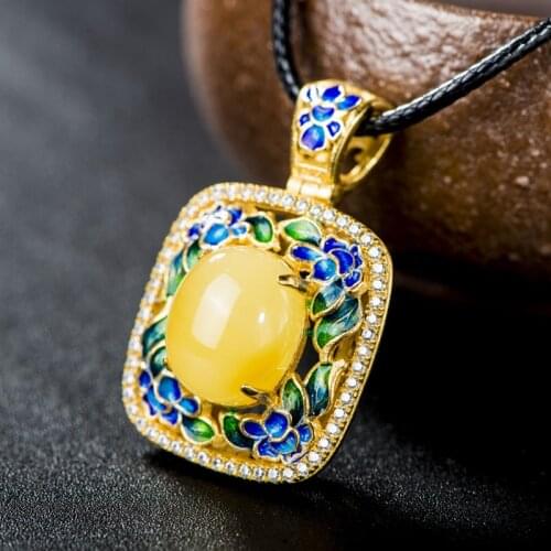 Retro Thai Silver Jewelry S925 Sterling Silver Pendant Burnt Blue Craft Square Hollow Peony Nectar Wax Pendant Wholesale