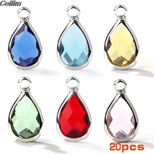 20pcs/lot 14mm Crystal Birthstone Charms For Handmade DIY Bracelet Making Silver Plated Water Drop Pendants Jewelry Accessories