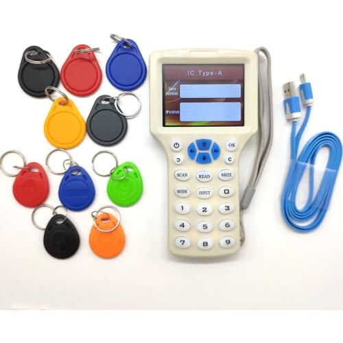 Updated Version RFID Copier Reader Writer Cloner Copy 10 Frequency Programmer + 5 125khz T5577 Keyfobs + 5 13.56mhz UID Keyfobs