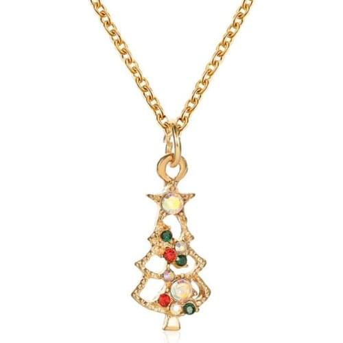 Christmas Cane Tree Snowflake Heart Pendant Necklace Gold Color Crystal Drop Oil Clavicle Chain Necklace Fashion Jewelry Gift
