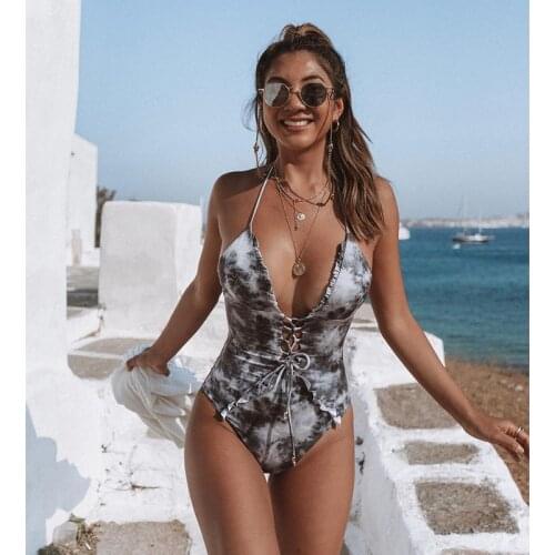 MYTENG Sexy Black Tie Dye Print Bodysuit One Piece Swimsuit Women Summer Ruffle Deep V Bathing Suit Swimwear Beachwear Monokini