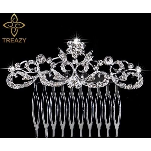 TREAZY Silver Plated Rhinestone Crystal Leaf Flower Wedding Tiara Bridal Hair Combs Women Engagement Party Hair Accessories
