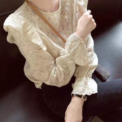Womens Spring Autumn Style Blouse Shirt Womens Ruffles Solid Color O-Neck Lantern Sleeve Elegant Casual Tops