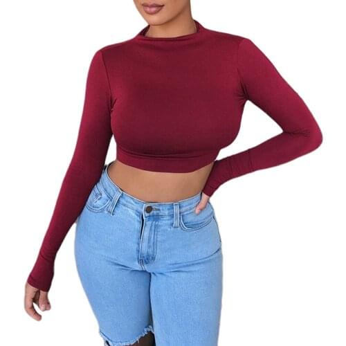 Female T-Shirt, Solid Color Round Neck Long Sleeve T-Shirt Women’ s Top, Wine Red/Black/Blue/White